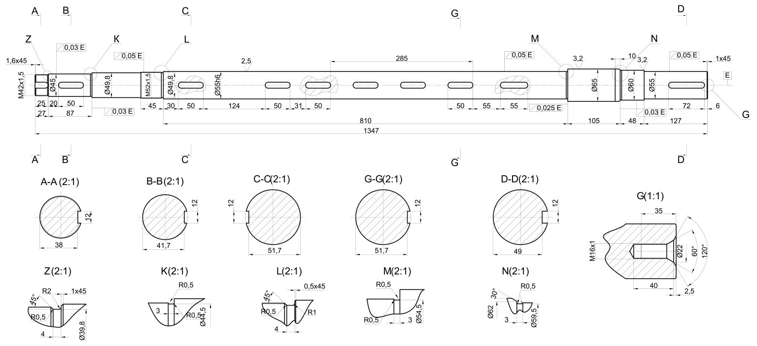 Expanded sketch of shaft with angle degree and hatching places. Engineering drawing with lines and numbers. Vector image