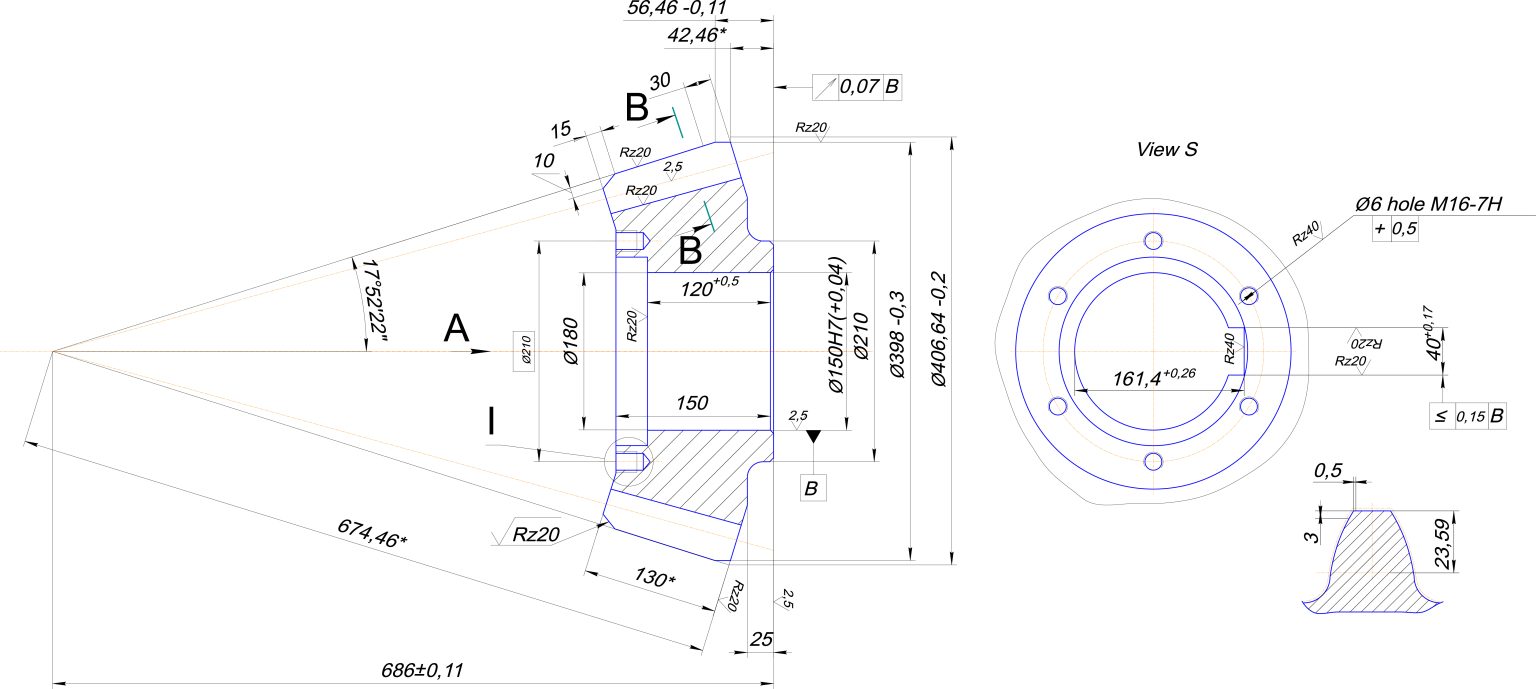Engineering drawing of toothed gear. Vector format